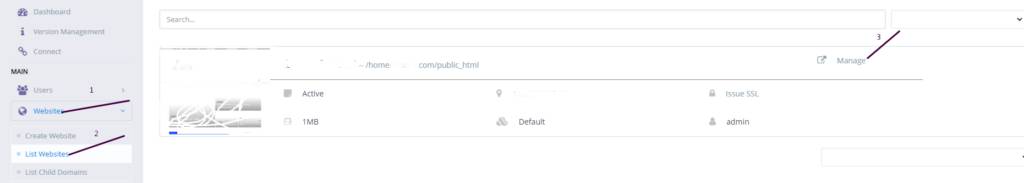 Websites->List Websites->Manage