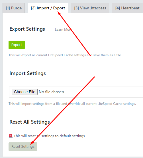 How to reset Litespeed cache default settings?
